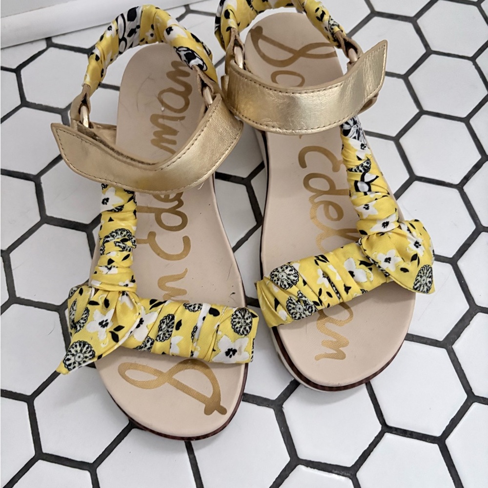 Sam Edelman Metallic Gold Sandal with Yellow Floral Knotted Straps